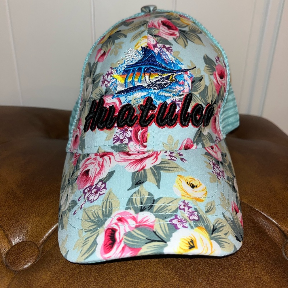 Huatulco Woman’s Blue And Pink Floral  Adjustable Trucker Hat EUC